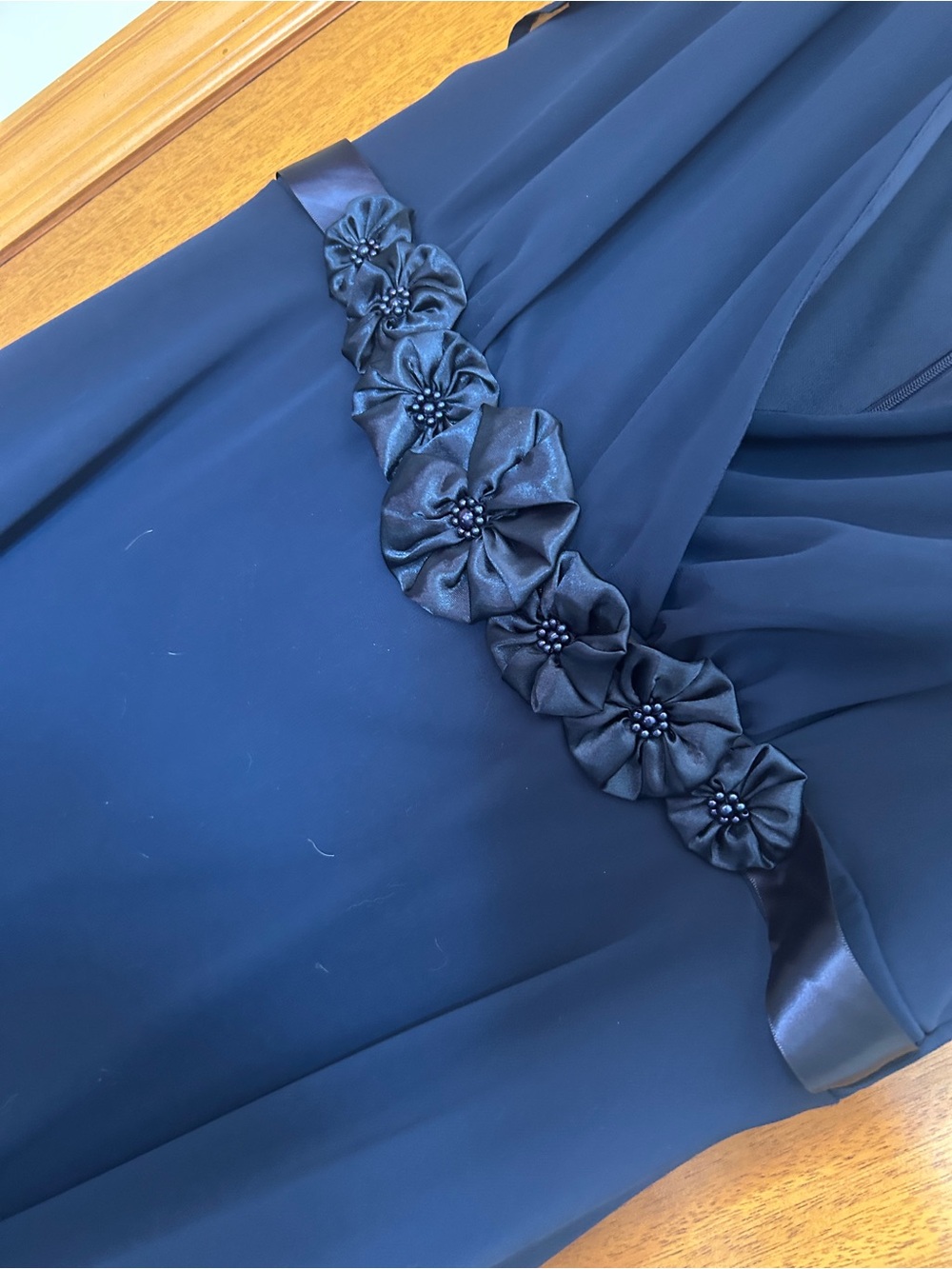 Navy Formal Midi Dress with Floral Waist Detailing - Picture 4 of 7